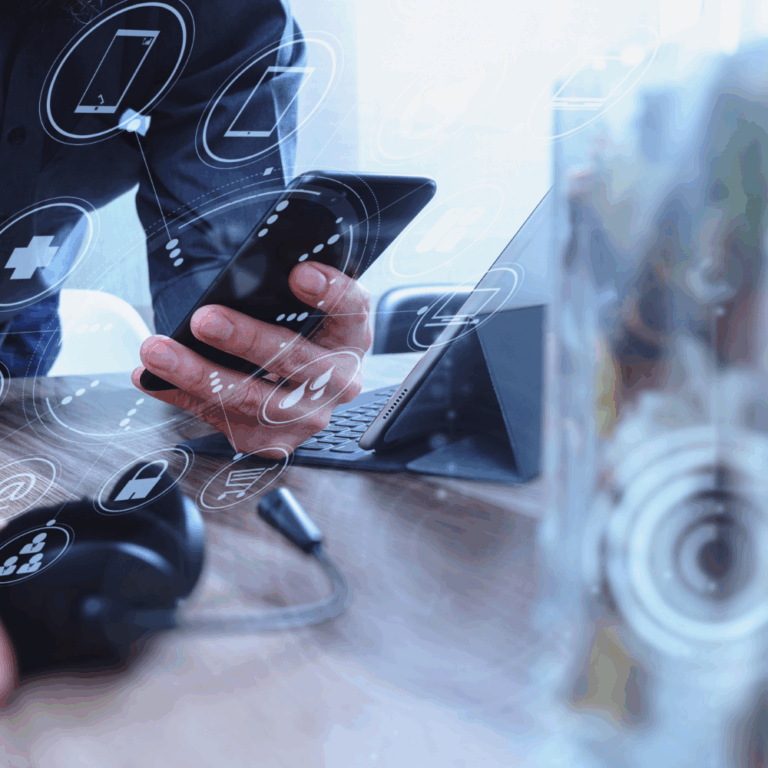 Man using VOIP headset with digital tablet computer docking keyboard.